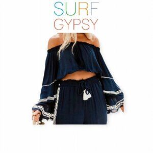 Surf Gypsy Navy Off Shoulder Boho Bell Sleeve Crochet Trim Top Womens Size S
